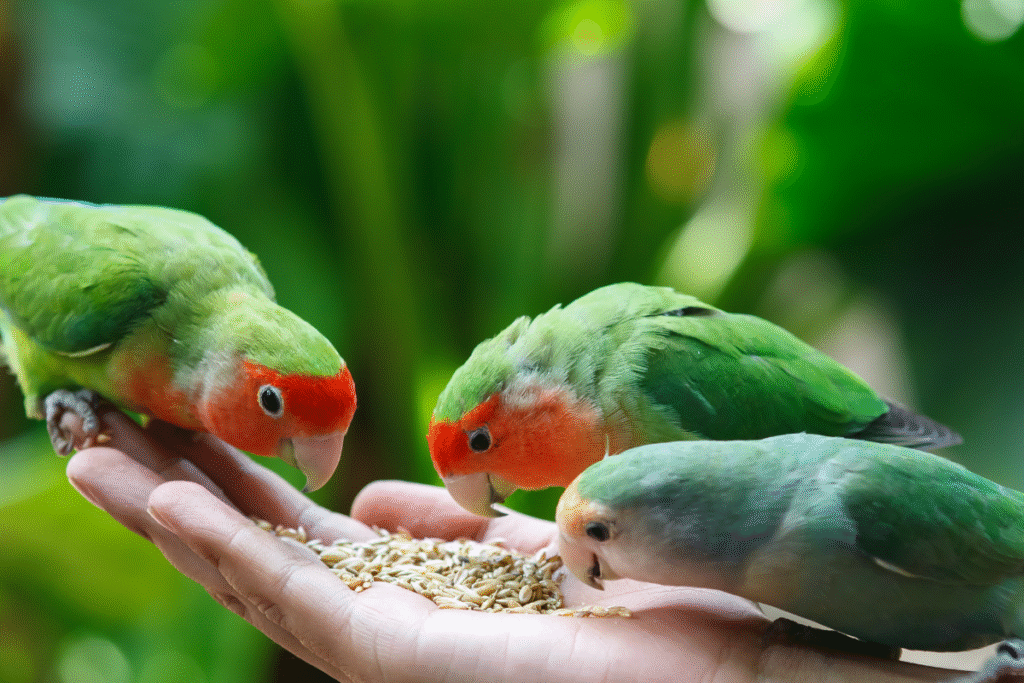 Tri mladé papagáje Agapornis kŕmené z ruky chovateľa