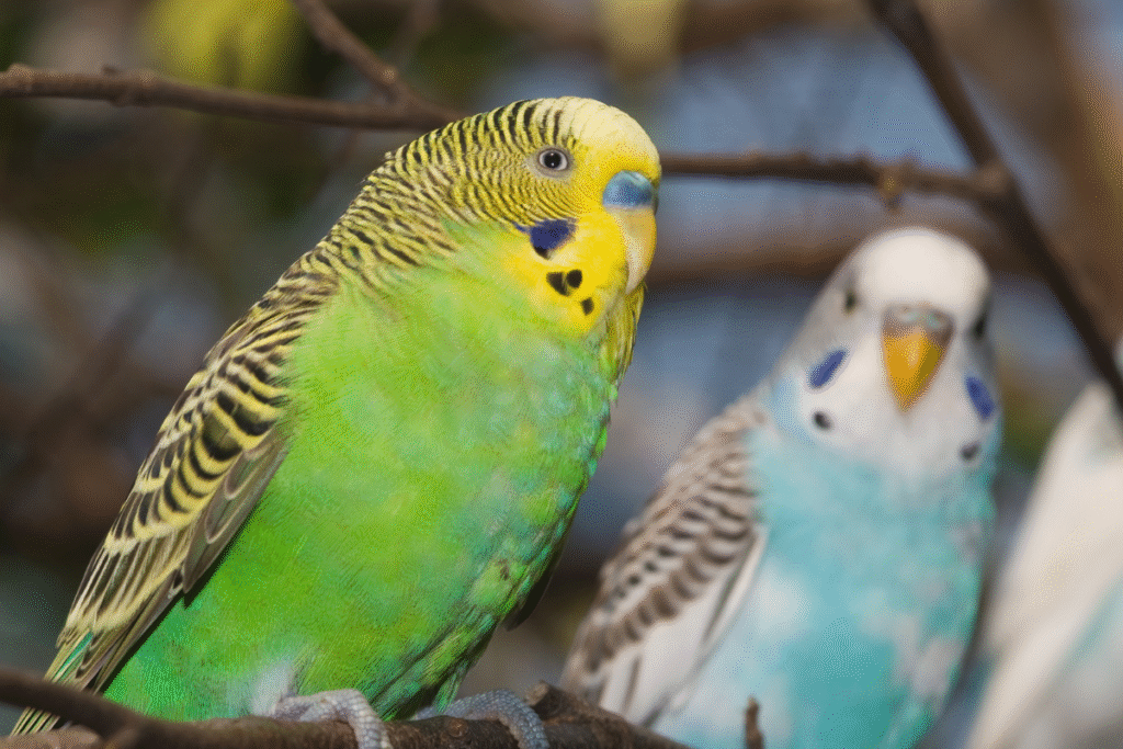 Dve Andulky na bydielku jedna zelená a druhá v pozadí modrá