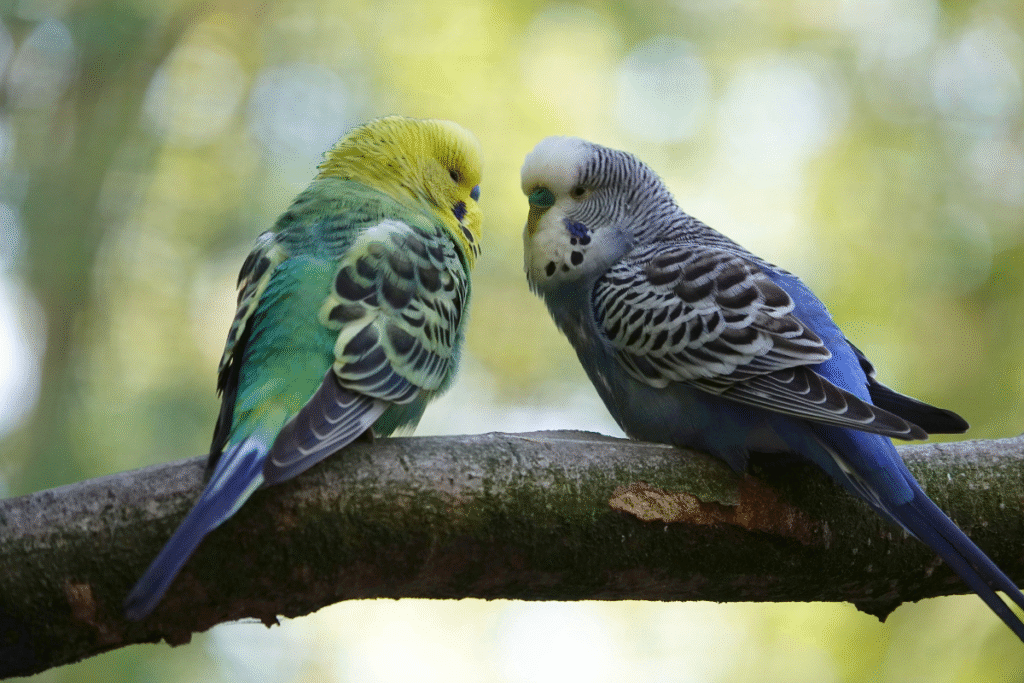 Dve krásne andulky na konáriku pozerajú jedna na druhu