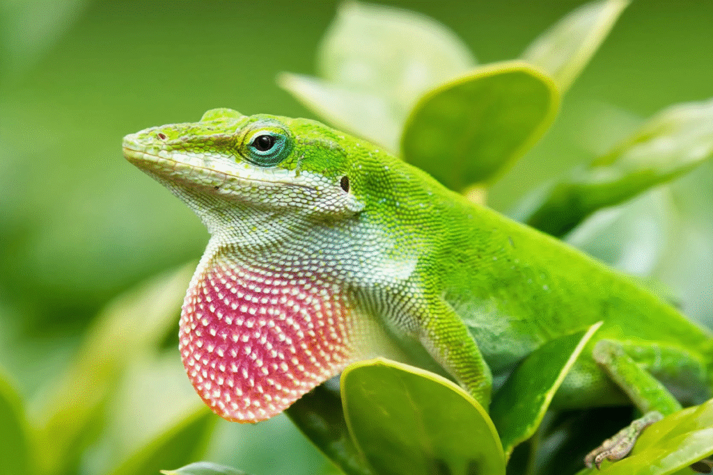 Anolis zelený v prírode na liste
