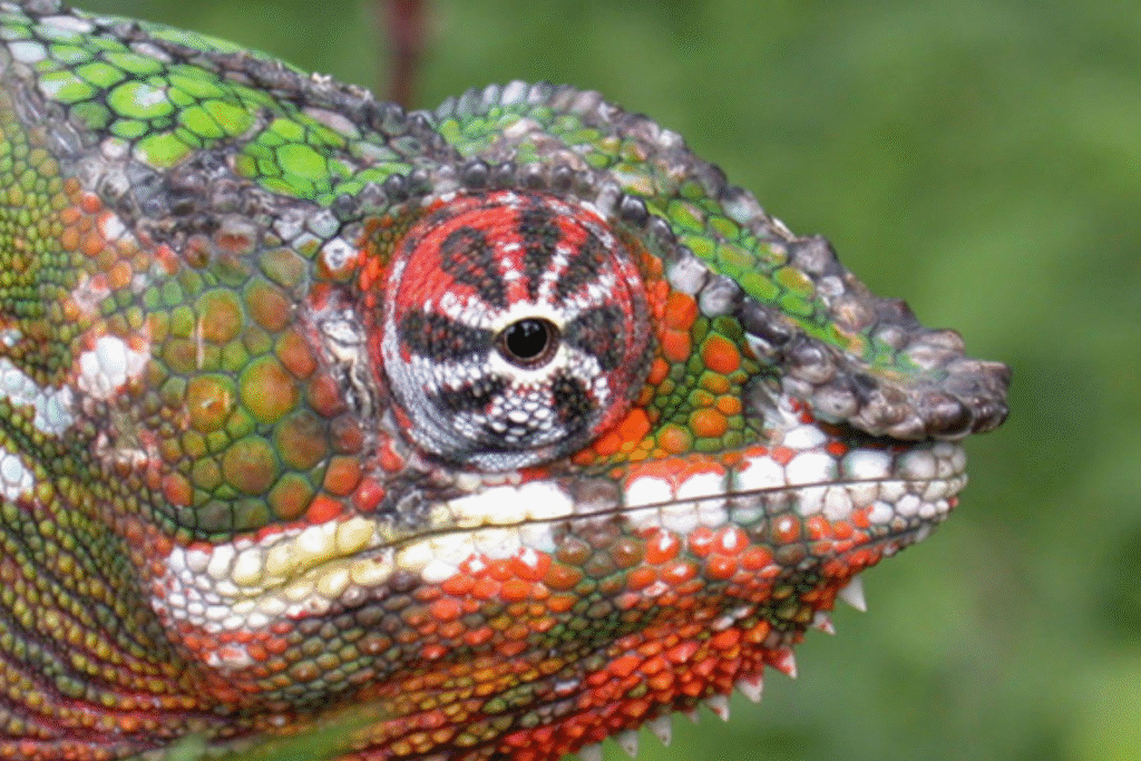 Chameleón pardálí detail farebného oka