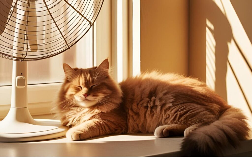 Spiaca mačka na okne pri ventilátore