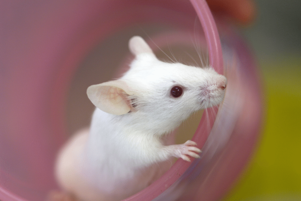 Biela myš domáca v umelom ružovom pohariku