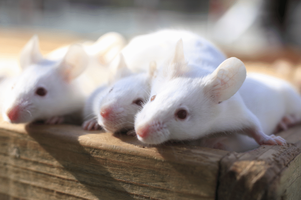 tri biele myšky domáce v drevenej ohradke