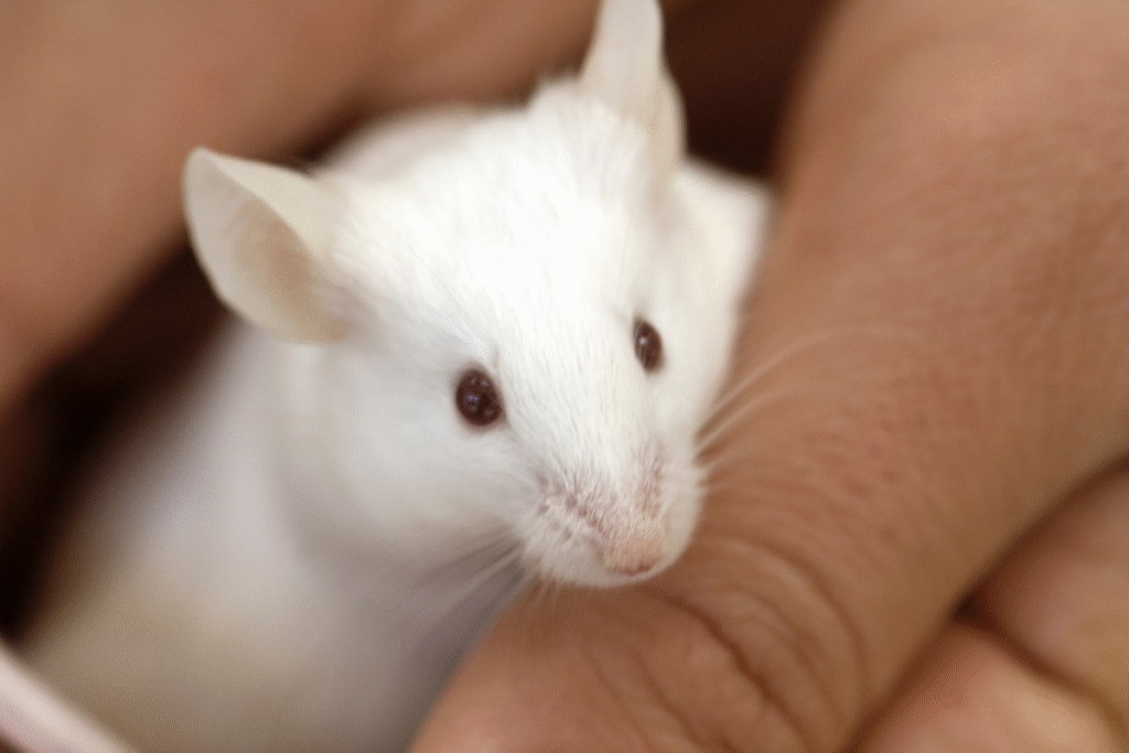 biela Myš domáca na ruke chovateľa