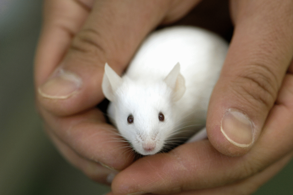 biela Myš domáca na ruke chovateľa