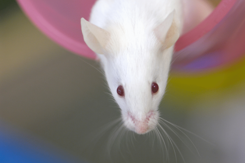 Myš domáca umelecká fotka v ružovom poháriku