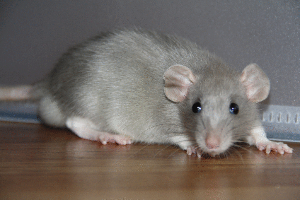 Šedí potkan domáci na drevenej podlahe