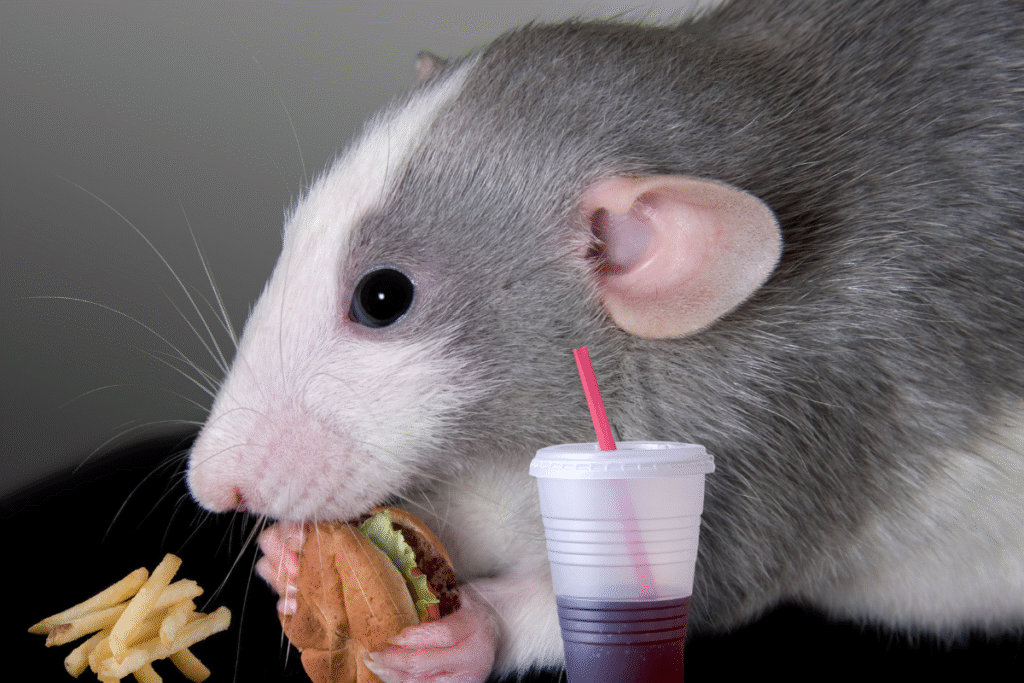 Potkan domáci ako je obloženú žemľu a vedľa neho je umelý pohár so slamkou. Ilustračná fotky