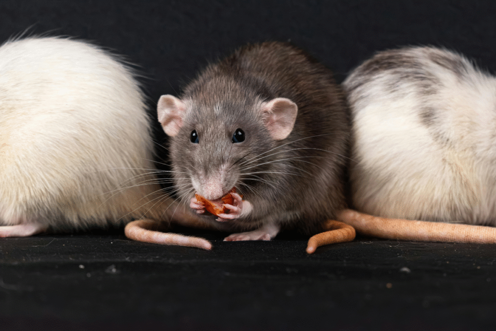 Tri potkany domáce vedľa seba ale hlavu je vidieť len strednému a ten v predných labkách drží a je oriešok