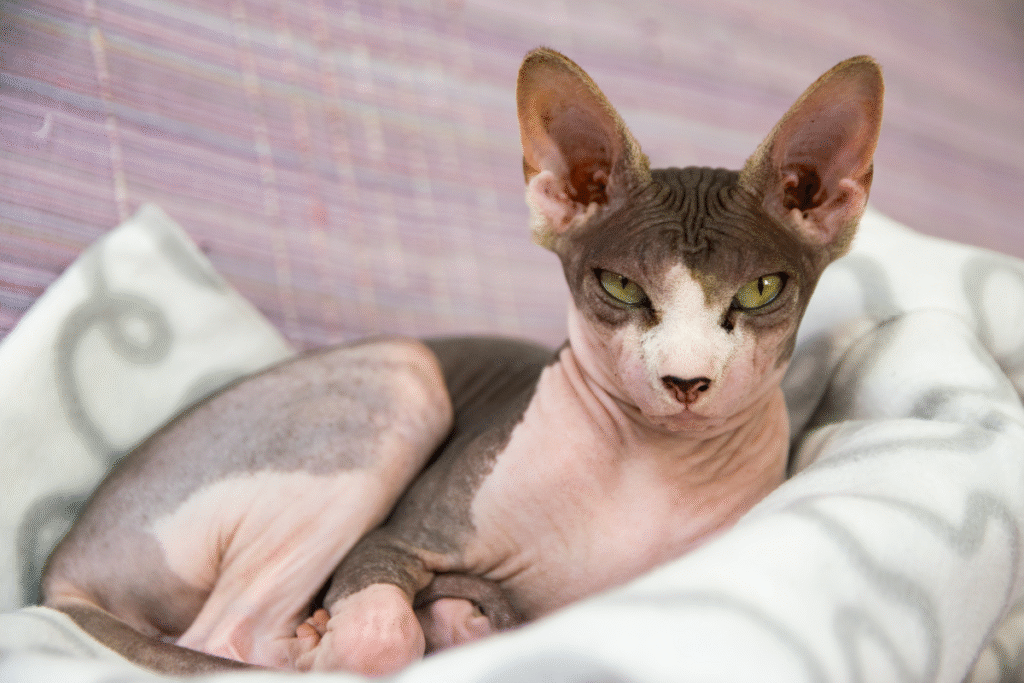 Mačka plemena Sphynx leží na vankúši na sedačke a pozerá priamo do fotoapará