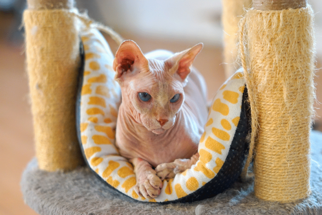 Mačka plemena Sphynx oddychuje na mačacom strome