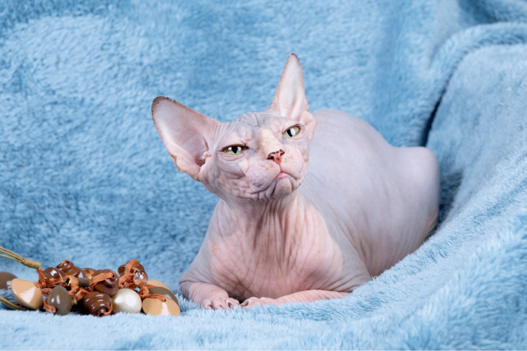 Mačka plemena Sphynx leží na modrej pohovke ako generál :-)