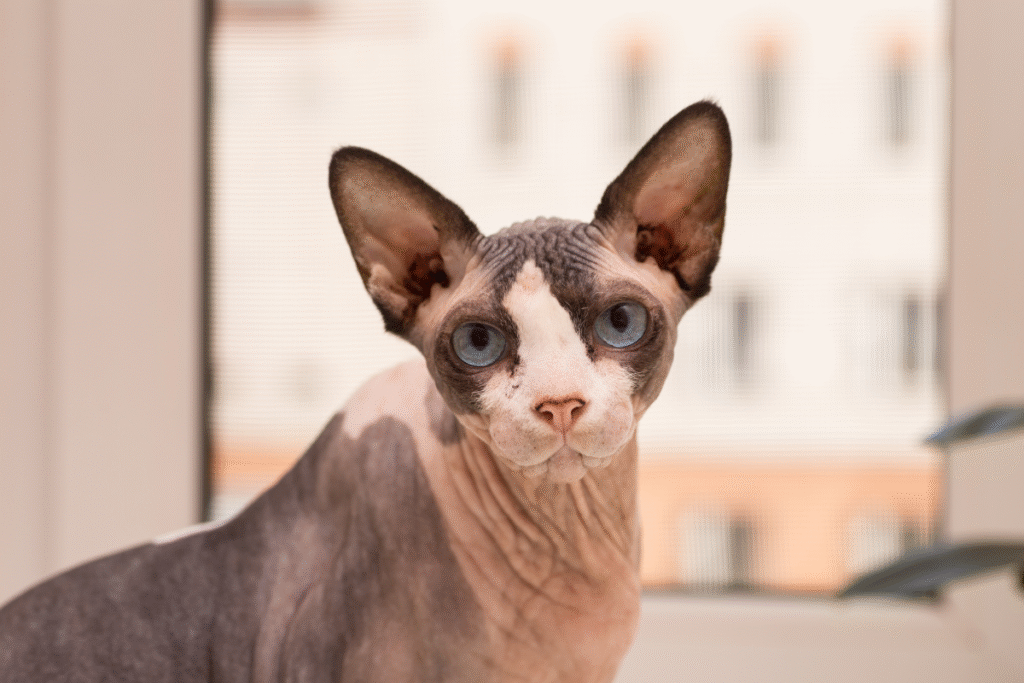 Priami pohľad mačky plemena Sphynx do objektívu fotoaparáta