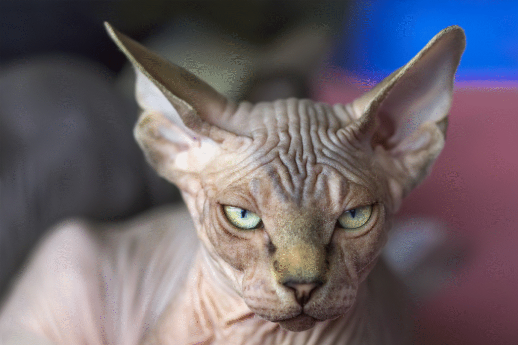 Plemeno mačky Sphynx detail hlavičky.