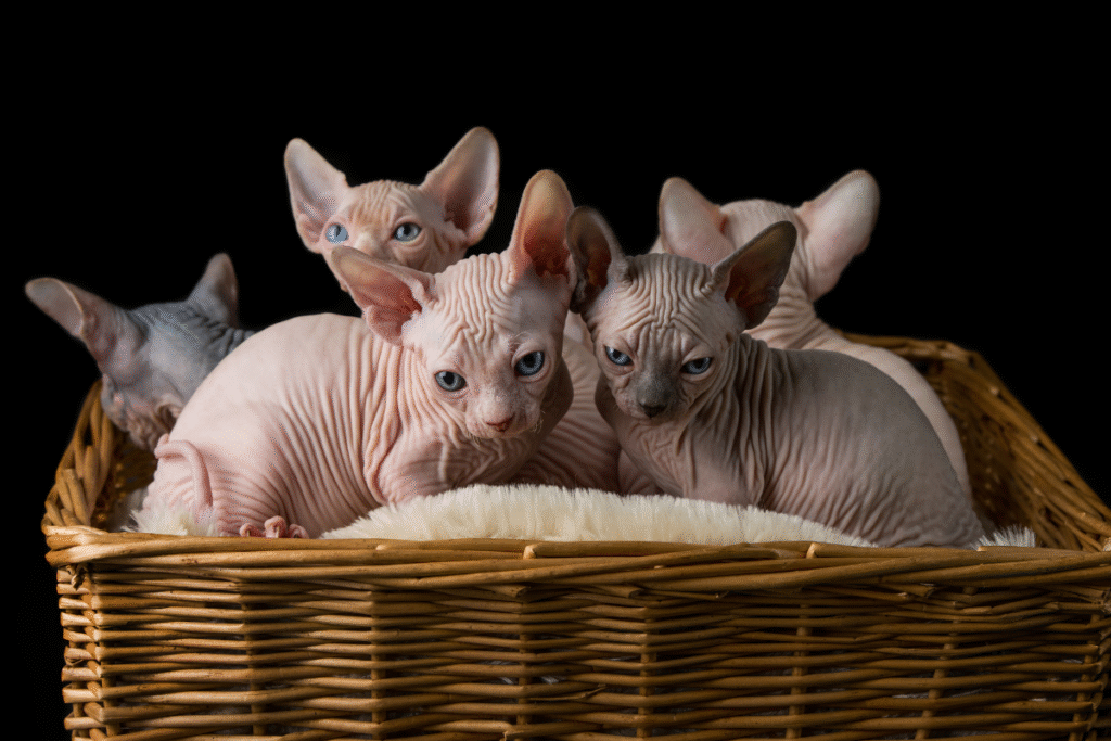 Malé mačiatka plemena Sphynx v košíku