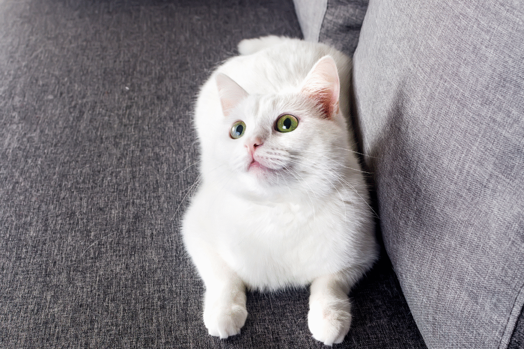 Turecká angora na šedej pohovke a pozerá smerom hore