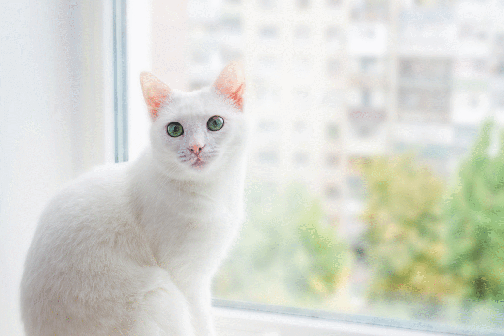 Mačka Turecká angora sediaca na okne v byte na vysokom poschodí a pozerá smerom na fotografa