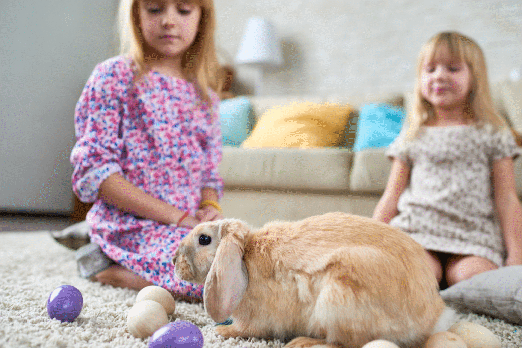 Dve dievčatká v izbe sa hrajú so zajačikom na koberci