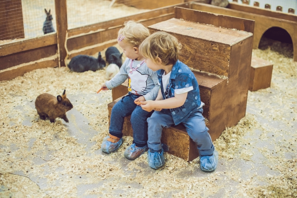 Dve malé deti vo voliére so zajačikmi