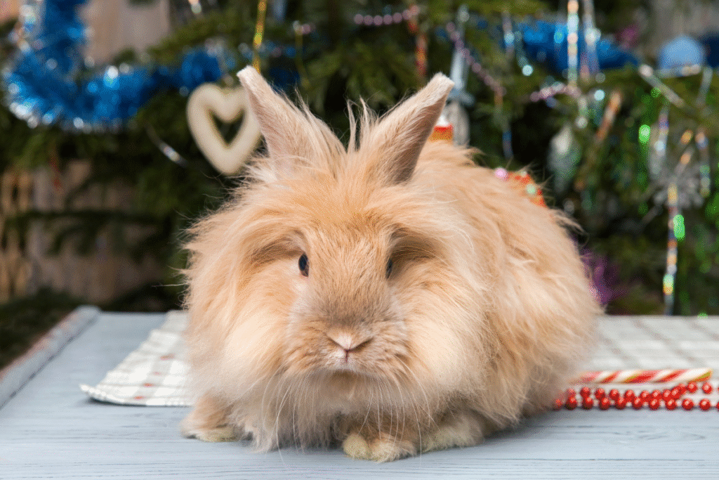 Králik Angorský pred vianočným stromčekom na stole
