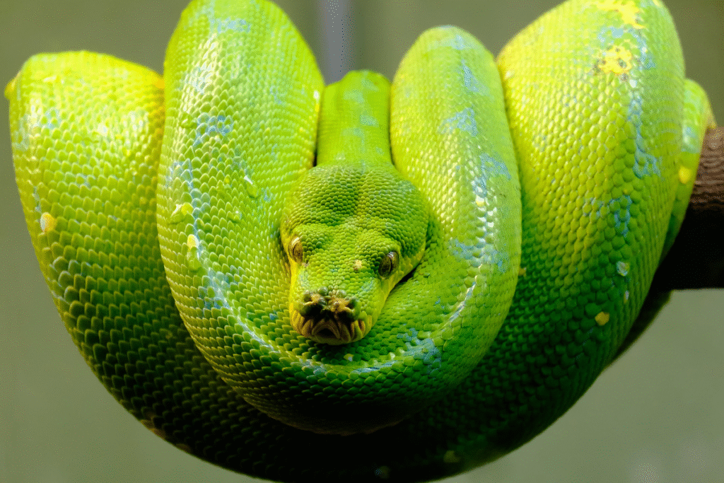 Zelený pytón zmotaný v klbku na konári v teráriu