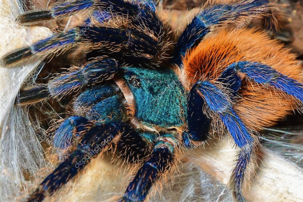 Detail Modrej tarantuly na pavučine v teráriu