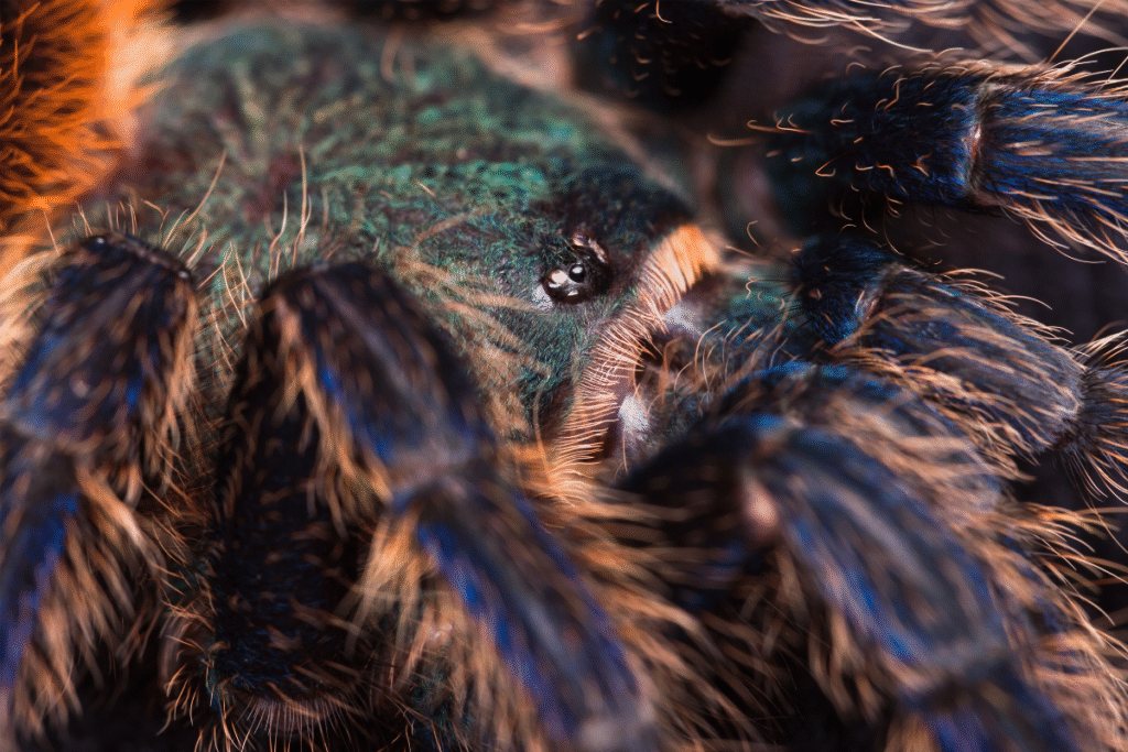 Úplný detail hlavy modrej tarantuly