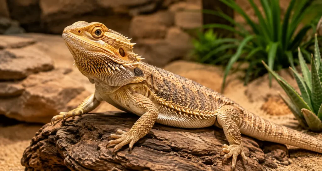 Agama bradatá v teráriu sa vyhrieva na kameni