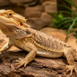 Agama bradatá v teráriu sa vyhrieva na kameni