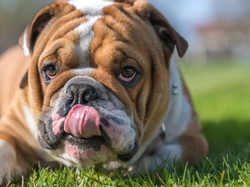 Anglický buldog detail hlavy ležiaceho psíka