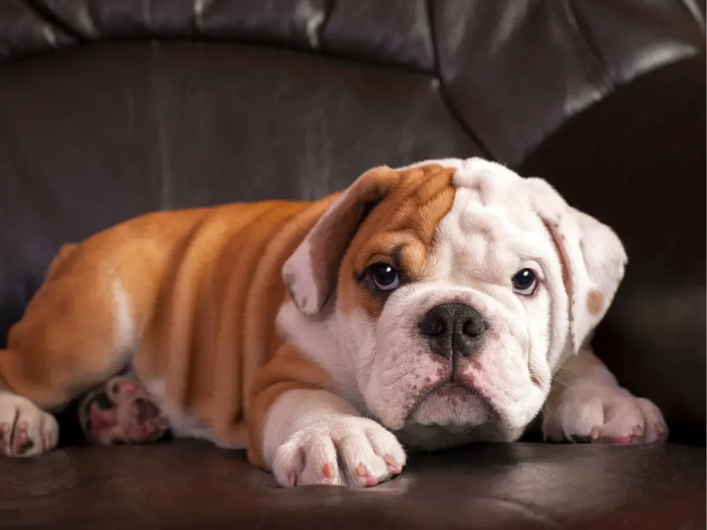 Anglický buldog mladý psík fotení na čiernom koženom kresle
