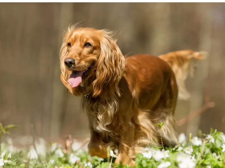 Anglický kokeršpaniel vonku v prírode . v pozadí les