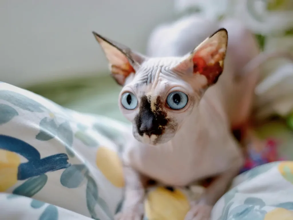 Sphynx ležiaci na vankúši s pohľadom priamo do objektívu
