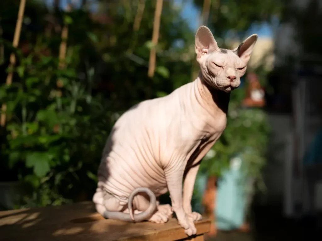 Sphynx sediaci vonku na drevenej skrinke v pozadí zahrada