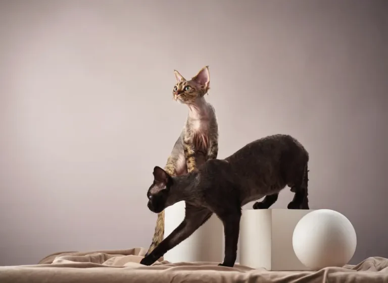 Cornish Rex dve mačky pózujú na geometrických tvaroch