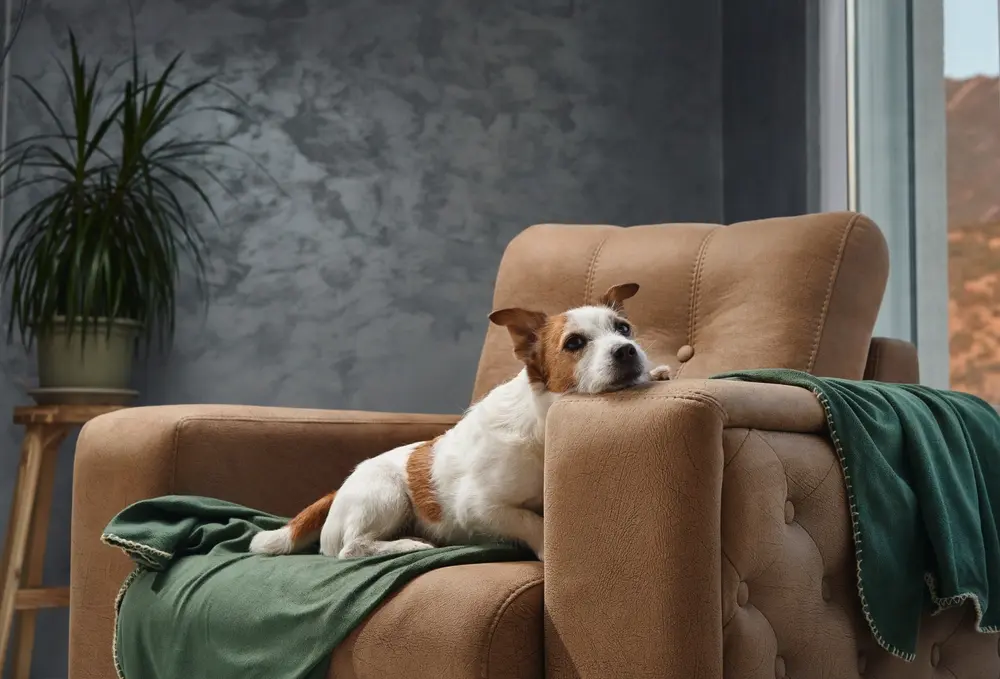 Jack Russell teriér ležiaci na kresle v byte